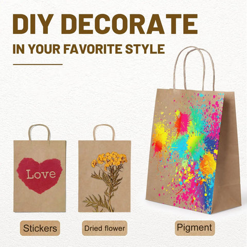 Decorated Brown Kraft Gift Bags With Durable Handles 8.25 X 5.9 X 3.15 Inches Pack Of 100 For Small Biz Christmas Weddings Parties