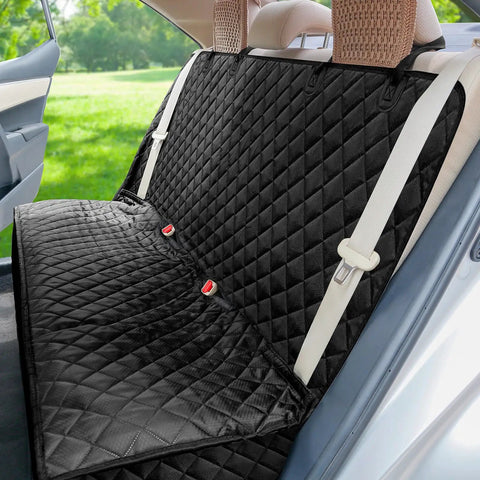 Waterproof Nonslip Pet Bench Seat Cover for Cars and SUVs installed on backseat, fits 52 inches wide, black quilted design