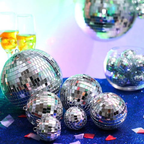 Twenty Piece Mini Disco Balls Set With Hanging Rope Assorted Silver Mirror Orbs In 6 4 3 2 Inch Sizes For Parties Weddings Dance Floors