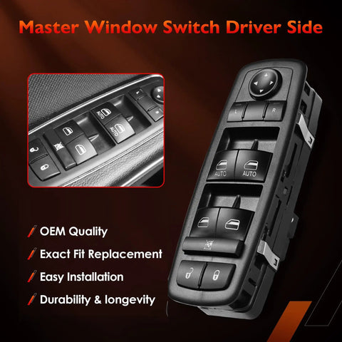 Driver Side Front Left Power Window Switch For Ram 1500 2500 3500 2016 To 2022 Charger 2011 To 2019 And Chrysler 200 300 2011 To 2020 Replaces 68139805AB AA 56046823AE Drop-In Direct Fit With Two Year Warranty