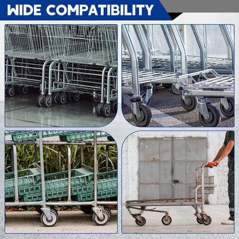 4 views of carts using 8 Pack 5 Inch Shopping Cart Replacement Wheels Kit with Heavy Duty Polyurethane Wheels for quiet, smooth rolling