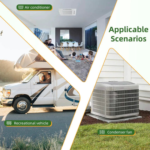 Image showing applicable scenarios for Beefed Up Dual Run HVAC Capacitor 45/7.5 uF 370/440V, including air conditioner, RV, and condenser fan.