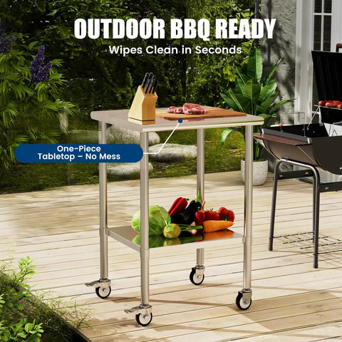 Stainless Steel Rolling Work Table With Wheels 24x24 Inch NSF Certified Pro Grade Heavy Duty featuring undershelf and accessories in outdoor setting.