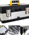Heavy Duty 16.5 Inch Tool Box With Lockable Design, Stainless Steel And Plastic Construction, Removable Tray, Portable Organizer