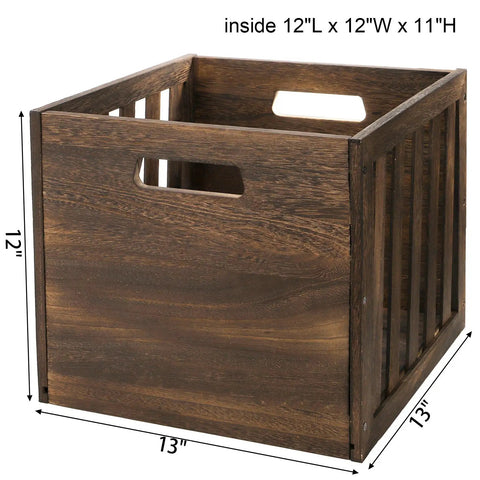 Wood Storage Bin Cube Crate With Handles Rustic Brown Decorative Box showing 12x12x11 inches dimensions in rustic finish.
