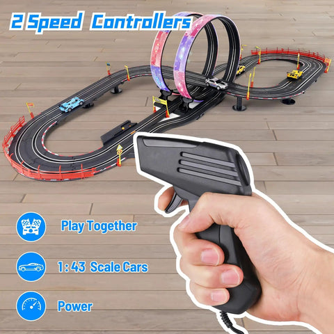 Hand using controller for Fast 19 Ft Electric Slot Car Track Set With Bright LED Lights Four Slot Cars Two Hand Controllers And Lap Counters