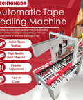 Heavy Duty Plug And Play Automatic Case Sealing Machine And Dual Flap Box Tagger With Smooth Conveyor Belt For Fast Top Bottom Fulfillment Operations, showcased on a conveyor system.