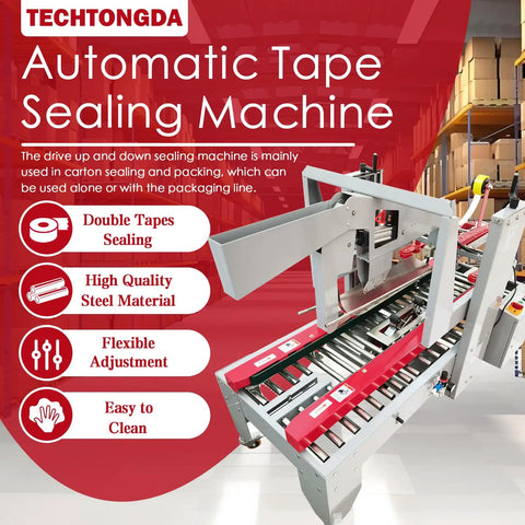 Heavy Duty Plug And Play Automatic Case Sealing Machine And Dual Flap Box Tagger With Smooth Conveyor Belt For Fast Top Bottom Fulfillment Operations, showcased on a conveyor system.