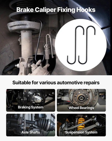 Brake caliper fixing hooks for automotive repairs, shown holding caliper, suitable for braking systems and wheel bearings.