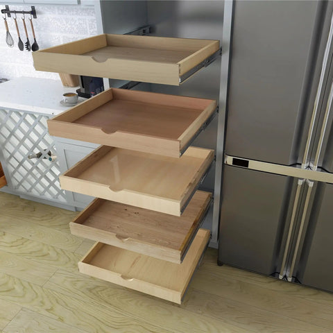 Solid Wood Pull Out Drawer 27W By 21D For Kitchen Cabinets With Full Extension Slides Roll Out Tray Natural Wood Finish Built To Last DIY Assembly Fits Standard RTA Cabinets 26 Inch Drawer Box Inside. Open kitchen cabinet pull-out drawers with full-extension slides