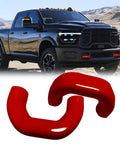 Ram Tow Hook Covers For 2019-2026 2500 3500 Front Installation Red Silicone Rubber Upgraded Design Flush Fit Rugged Truck Accessories Hide Those Tow Hooks With Factory Finish Easy Mount, featuring black truck with red covers.