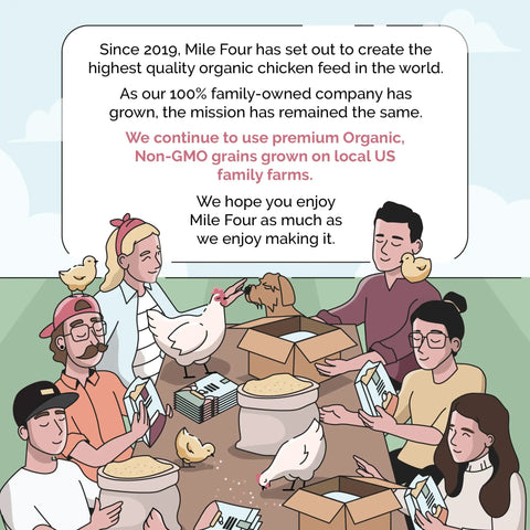 Family packing chicken feed with chickens on table, illustrating organic, non-GMO grains from US farms, focus on quality.