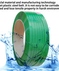 Pro Level Heavy Duty Poly Strapping Kit features green PET plastic steel belt, showcasing durability in harsh environments.