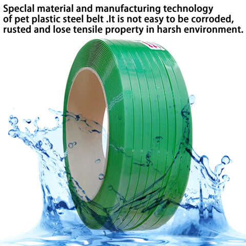 Pro Level Heavy Duty Poly Strapping Kit features green PET plastic steel belt, showcasing durability in harsh environments.