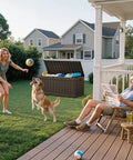Heavy Duty 80 Gallon Outdoor Storage Box Top Shelf Resin Deck Crate with pets and people in a backyard setting.