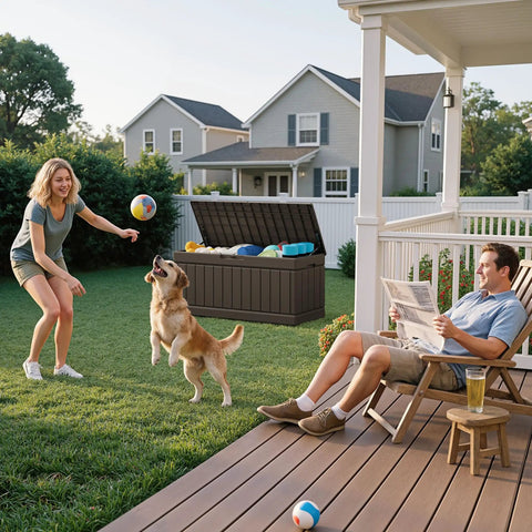 Heavy Duty 80 Gallon Outdoor Storage Box Top Shelf Resin Deck Crate with pets and people in a backyard setting.