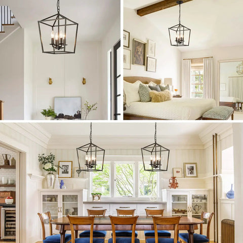 Four Light Black Farmhouse Chandelier With Industrial Metal Cage Adjustable Height Rustic Hanging Light in various rooms