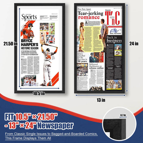 Newspaper Display Frame with Premium Wood and Acrylic Panel, fits 10.5 by 21.5 to 13 by 24 inches, wall or tabletop, white