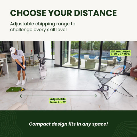 Man practicing with Ultimate Golf Chipping Net And Mat System For Portable Indoor Practice With Automatic Ball Return And Realistic Turf Surface