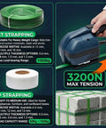 Fengxcxy Handheld Electric PET Strapping Machine With Adjustable Tension For PP PE Plastic Bands Lightweight Portable Tool showing green PET strapping and tool features.