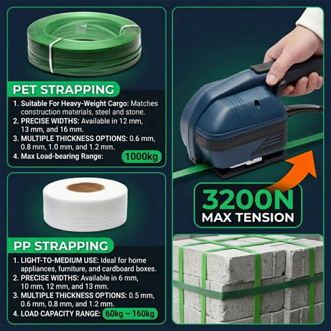 Fengxcxy Handheld Electric PET Strapping Machine With Adjustable Tension For PP PE Plastic Bands Lightweight Portable Tool showing green PET strapping and tool features.