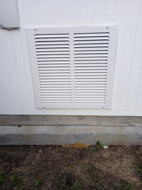 Rugged Steel Air Return Grille For 12 By 12 In Duct Opening With Louvers Screws Included For Quick Install Paintable Matte White Finish Outer Size 13.75 By 13.75 In Delivers Consistent Air Flow installed on wall.