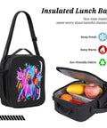Black insulated lunch bag with colorful design, showing strap and open view with fruits inside, eco-friendly material.