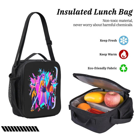 Black insulated lunch bag with colorful design, showing strap and open view with fruits inside, eco-friendly material.