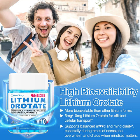 12-In-1 Lithium Orotate Mood Support bottle with smiling people background, highlighting focus, stress relief, and brain health benefits