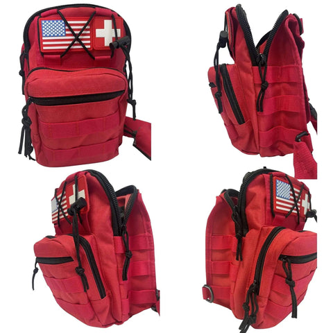 Ultra Slim EMS Medical Sling Bag in rugged red with multiple zippered compartments for fast access to EMT essentials
