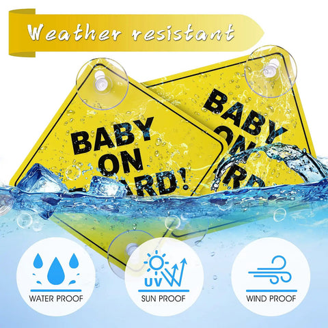 Baby On Board Car Sign Pack, Two Window Stickers With Super Strong Double Suction Cups, Bright Reminder For Drivers shown waterproof.