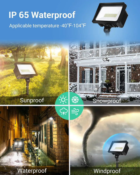 Image showing the Two Pack 65W LED Flood Lights Outdoor Ultra Bright 6670 Lumens Security Lighting IP65 Waterproof 5000K during different weather conditions.