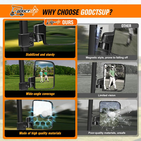 Top Shelf Heavy Duty Golf Cart Side Mirrors Featuring A Straight Up Easy No Sweat Roof Mount showcasing stability and wide-angle views.