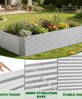 Three Pack 8x4 Ft Galvanized Steel Raised Garden Beds for veggies, herbs, and flowers in a backyard setting with stabilizing features.