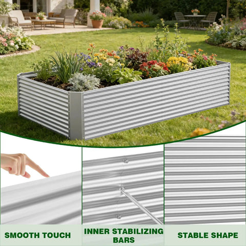 Three Pack 8x4 Ft Galvanized Steel Raised Garden Beds for veggies, herbs, and flowers in a backyard setting with stabilizing features.