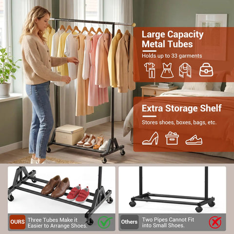 Dope Rolling Garment Rack With Retractable Hanging Rods, Lockable Wheels And Bottom Storage Shelf, Freestanding Clothes Organizer For Bedroom, Laundry And Closet, Expands To Fit Coats Dresses Shirts And Pants