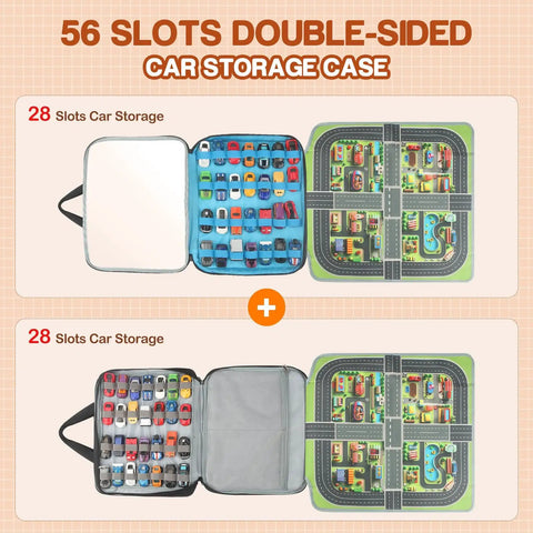 Double Sided 56 Slot Car Storage Case With Foldable Play Mat For 1 64 Scale Diecast Cars Like Hot Wheels And Matchbox Portable Organizer Carry Bag For Display And Travel Ready Use