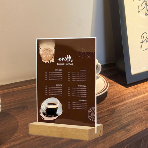 8.5 X 11 Acrylic Sign Holder With Wood Base, L Shape Display with coffee menu in restaurant setting