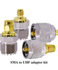 UHF Antenna Adapter Kit For CB Radios And Ham Gear, 50 Ohm Coaxial Connectors PL259 SO239, brass adapters displayed