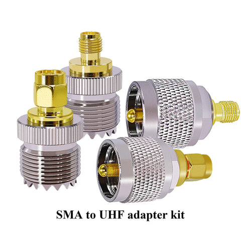 UHF Antenna Adapter Kit For CB Radios And Ham Gear, 50 Ohm Coaxial Connectors PL259 SO239, brass adapters displayed
