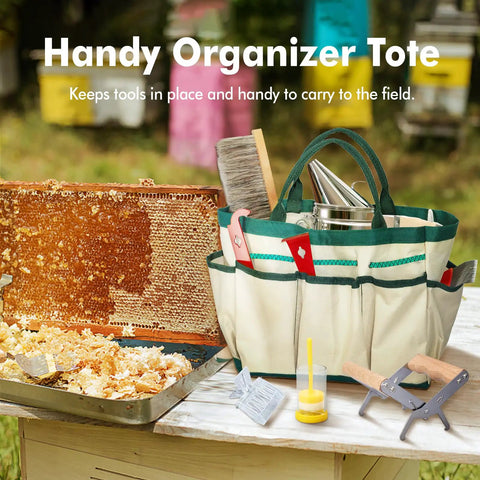 All In One Beekeeping Tools Kit 22-Piece With Durable Organizer Case next to honeycomb on a table