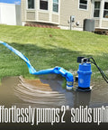 Heavy Duty Half HP Sewage Pump Be The Workhorse For Basements in operation on flooded lawn, 2-inch hose, blue housing