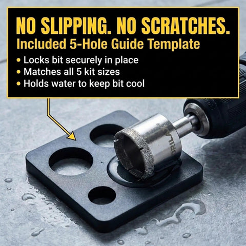 Diamond Drill Bit Set For Tile Glass Porcelain And Granite - 5 Pc Hole Saw Kit with guide template on wet surface