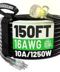 Outdoor Extension Cord 150 Ft 16 3 Waterproof Flexible 3 Prong Power Cable Cold Weather Ready 1250W 10A ETL Listed Heavy Duty Black