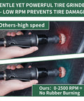 Low Speed Air Tire Buffer Kit With Tungsten Carbide Heads 42 Mm And 55 Mm showing gentle tire grinding with no rubber burning