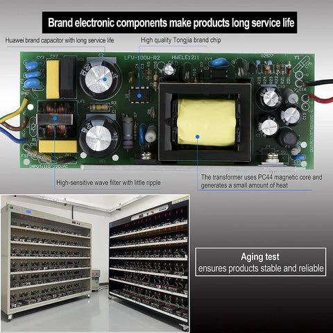 IP67 Waterproof LED Driver 120W Power Supply internal components with capacitor and chip, aging test for stability and reliability