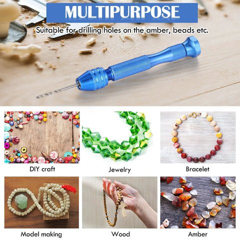 Multipurpose drill with 59 Piece Hand Drill Bit Set With Pin Vise And Tungsten Carbide Micro Bits For Resin Polymer DIY Jewelry Making And Precise Carving Blue Great For Hobbyists And Pros, shown with craft and jewelry materials.