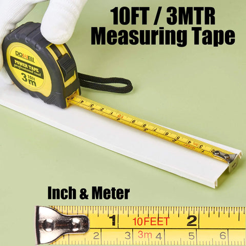 10FT 3MTR measuring tape with black and yellow casing, showing measurements in inches and meters on a green background.