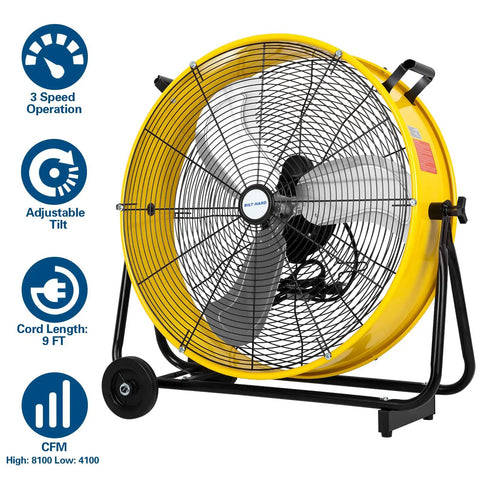 24 Inch High Velocity Drum Fan With 8100 CFM Three Speed Beefy Heavy Duty Tilt Floor Shop Fan for industrial use, yellow