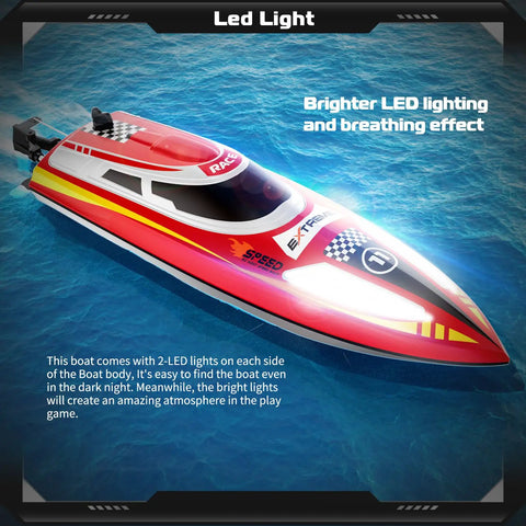 Red 2.4Ghz RC Speed Boat with Dope 390 Motor, Water Cooling System, LED lights, in motion on water surface
